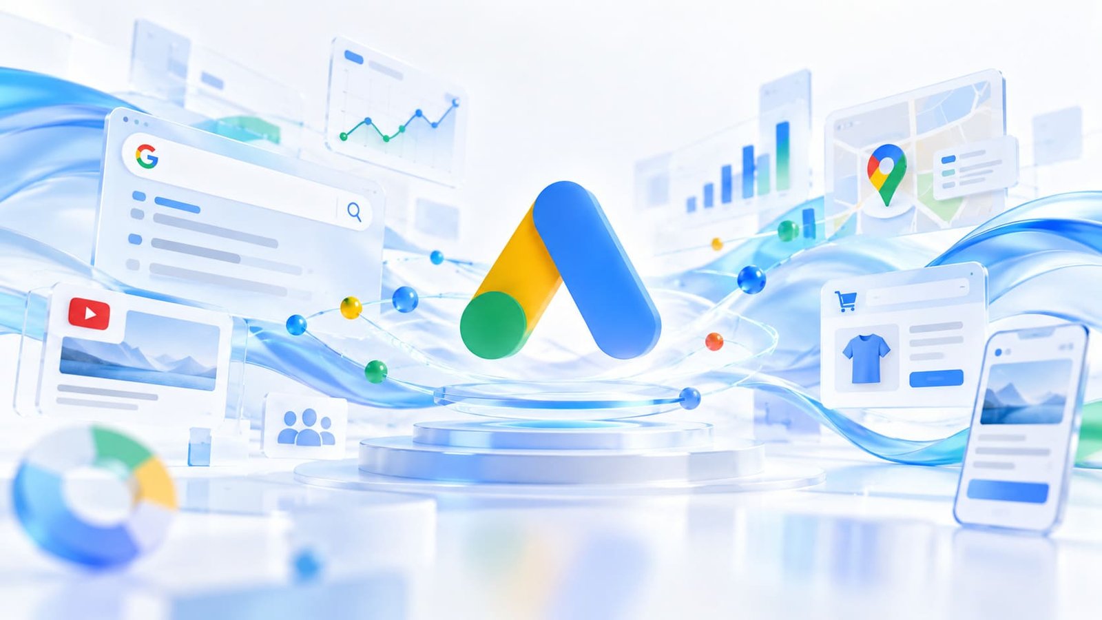 Google Ads e inteligencia artificial: ecosistema de publicidad digital conectado por flujos de datos celestes